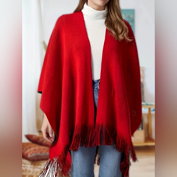 Indigo Red Fringe Poncho - Picture 1 of 2